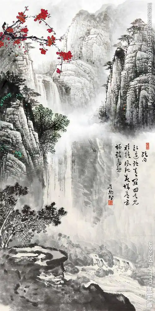 中式高山山水水墨风景画图片