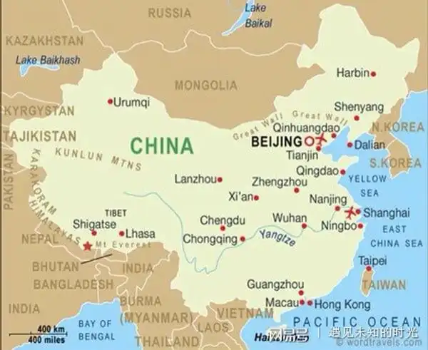 美国版的中国地图,只是粗略的标注了几个城市,省都没绘制出来.