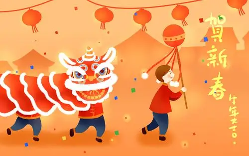 卡通手绘舞狮子人物风景新年跨年贺新春庆祝过年原创插画海报2021牛年