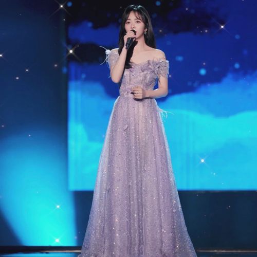 明星同款谭松韵主持人礼服性感漏肩荧光长款连衣裙连衣裙