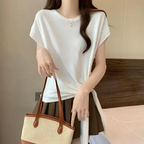 实拍~大码不规则下摆打结短袖t恤女夏季胖mm遮肚显瘦冰丝上衣 - 17网