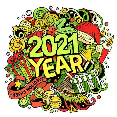 2021 年手绘涂鸦插图.新年对象和元素海报