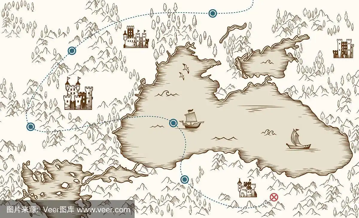 中世纪地图古老的海盗藏宝图