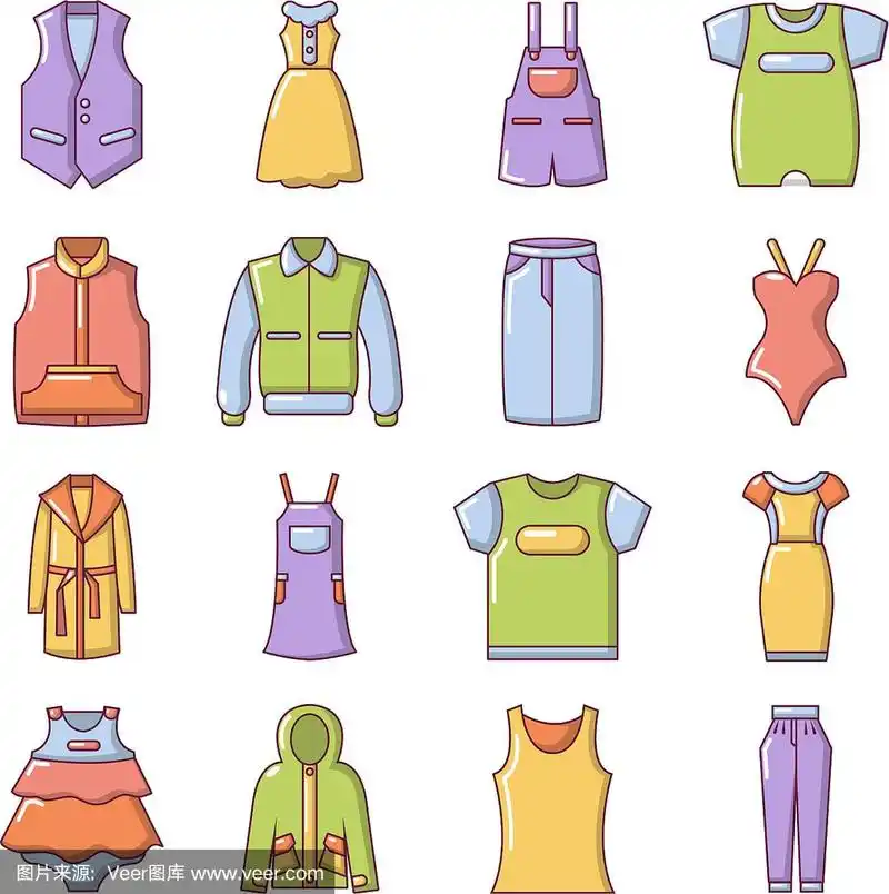 时尚服装穿卡通风格的图标集