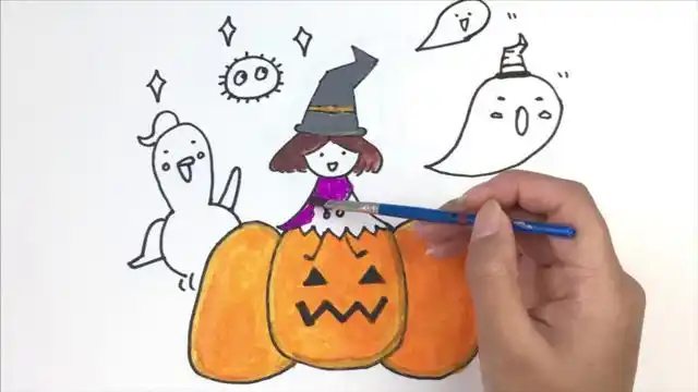 万圣节~坐在南瓜上的女巫简笔画怎么画步骤教程