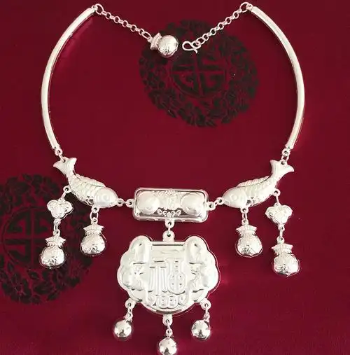 银项圈999银宝宝长命锁大颈圈银锁链足银铃铛满月周岁礼盒 35g平面福