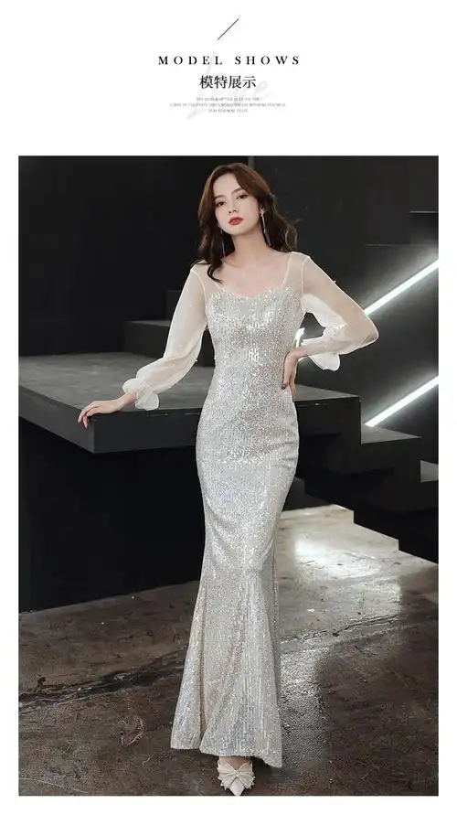 商品描述腰型收腰裙长长款袖长长袖婚纱礼服款式晚礼服流行元素拉链
