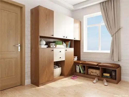 时尚大气坐凳式玄关柜设计,48平客餐厅定制家具效果图