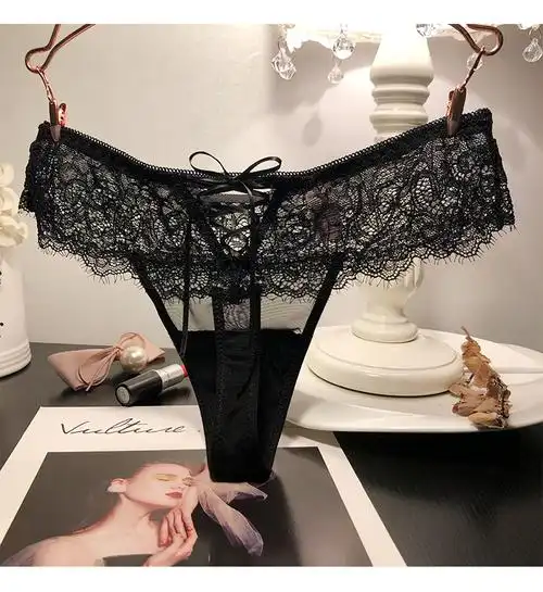芬腾旗舰密语私物欧美性感丁字内裤女蕾丝系带装饰低腰透明t字裤纯色