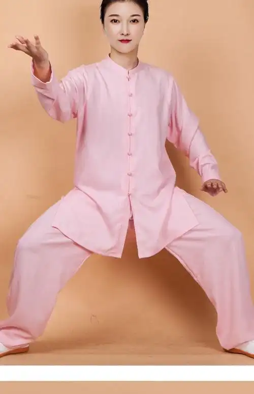 太极服女士女新款中长武术亚麻棉麻太极拳练功服女夏季服装春秋粉色