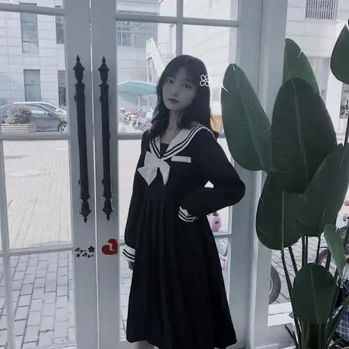 《樱之恋》 秋日系软妹黑白暗黑少女 海军水手服jk长袖中长连衣裙