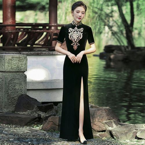 新款走秀黑色旗袍高端显瘦中国风舞台演出复古礼仪模特合唱连衣裙