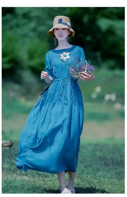 【清仓捡漏】素订棉麻女装旗舰店时尚民族风亚麻连衣裙女气质显瘦长裙