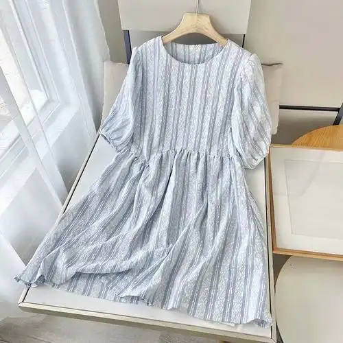 设计感法式新款宫廷风蓝色仙女裙韩版泡泡纱条纹连衣裙2021年夏季