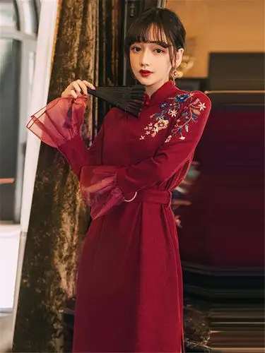 复古长裙秋冬 中国风_民国复古御姐风改良版旗袍晚礼服长裙酒红色中国