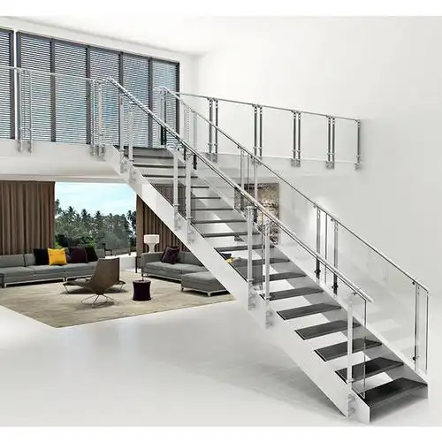 澳洲别墅双钢板楼梯 钢木直行楼梯 钢化玻璃楼梯栏杆不锈钢扶手