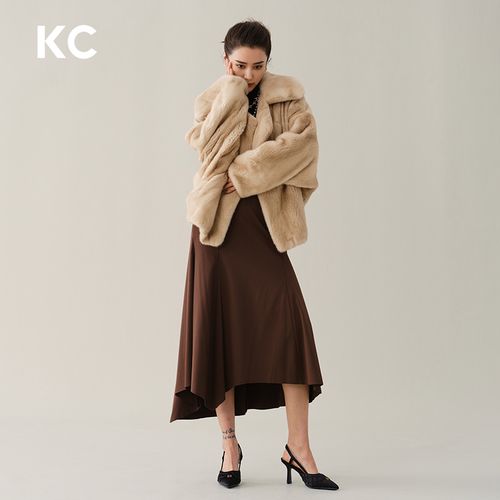 kc皮草2021年冬新款进口小母貂整张毛皮大衣黄色无帽短款外套女