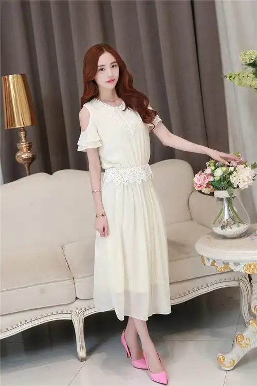 亿梦姿 2016春夏新款小清新露肩连衣裙精美绣花舒适雪纺连衣裙长裙