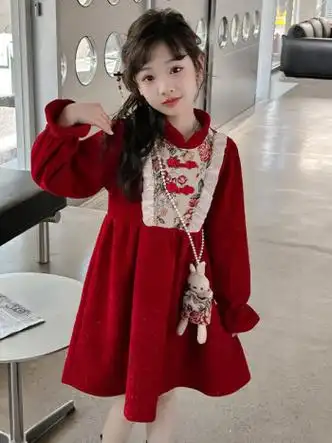 红色连衣裙冬季加绒过年喜庆生日裙子大童女孩新款衣服新年红150cm