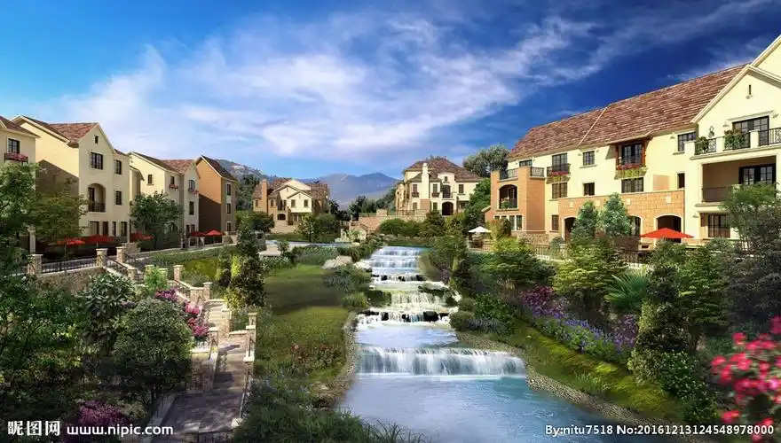 别墅小桥流水景观风景建筑效果图图片