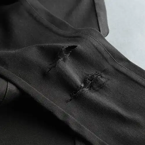 七格格新款 破洞铅笔裤 黑色九分小脚裤 女 黑色 xs