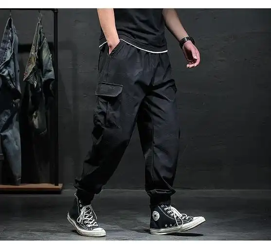 配高帮帆布鞋的裤子工装裤夏季日系休闲裤男束脚裤宽松港风薄 c34黑色