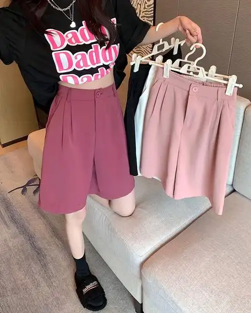 五分裤粉色裤子西装裤女直筒裤夏季宽松阔腿裤高腰休闲裤中裤短裤