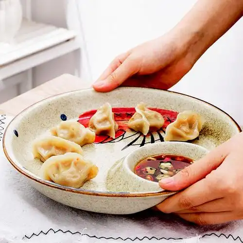 创意大号饺子盘带醋碟水饺盘子陶瓷日式料理盘家用菜盘分格早餐盘