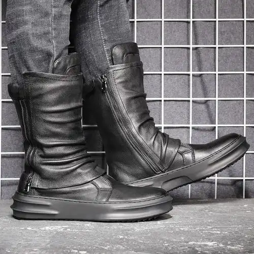 秋冬马丁靴男高筒靴子高帮真皮英伦风欧美潮流中筒拉链一脚蹬皮靴