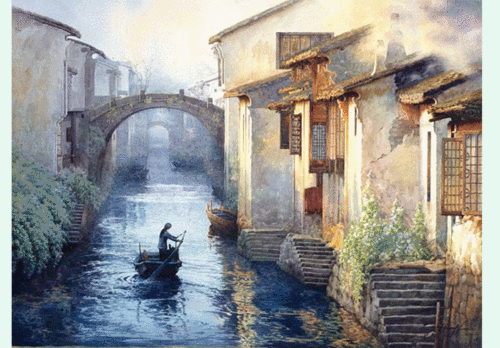 的湖南画家的作品,他的名字叫黄有维,他擅长用写实的手法描绘江南水乡