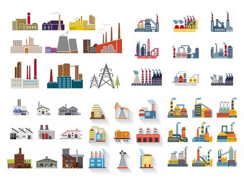 扁平化工厂图标 工业工厂 生产制造建筑元素  ai格式矢量设计素材