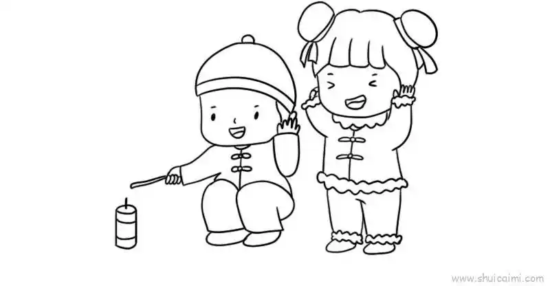 小孩放鞭炮儿童画怎么画 小孩放鞭炮简笔画图片大全
