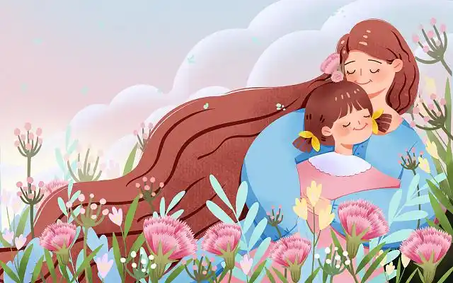 gra蓝色手绘唯美母亲节妈妈我爱你玫瑰花拥抱母爱卡通母亲节插画一