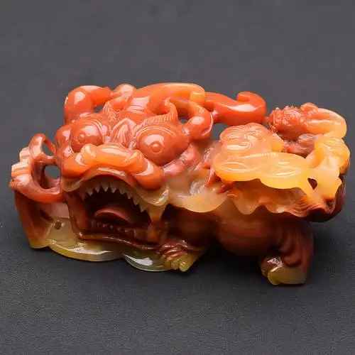 云南纯天然a货黄龙玉霸王貔貅龙陵皮丘茶几摆件产地茄子山料证书