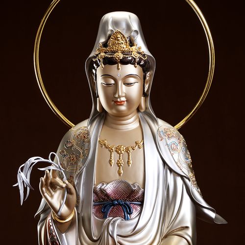 铜雕观音佛像家用纯铜掐丝彩绘南海水月观音菩萨摆件