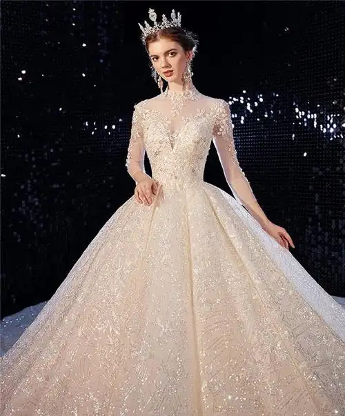 锋悦屿长袖婚纱冬季新娘礼服大码豪华奢侈赫本拖尾遮粗手臂森系