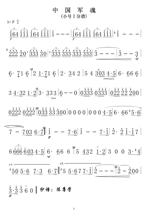 【中国军魂简谱】中国军魂(小号Ⅰ分谱)-电视剧《亮剑》军乐曲(简谱)