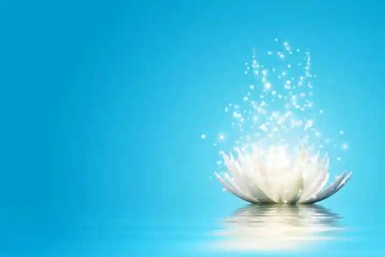 水蓝色的背景下发着光的白色莲花