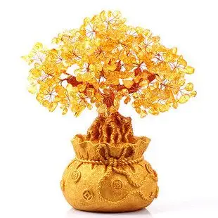粉紫 黄水晶钱袋树发财树招财树摇钱树摆件 店铺生财镇宅