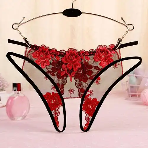 3条开档内裤女刺绣花网纱低腰超薄透明诱惑女三角裤