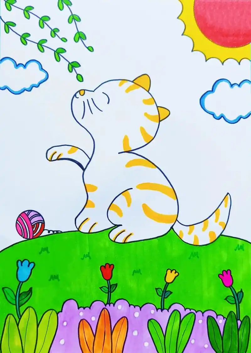 3-6岁儿童绘画,享受日光浴的猫咪93.#简笔画 #画画 # - 抖音