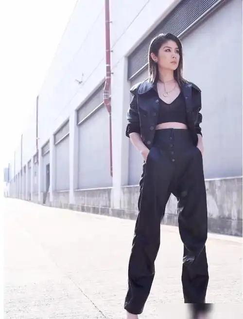 全身都是黑色的衣服,让皮肤更白更突出,毛皮长裤,陈慧琳的样子很好很