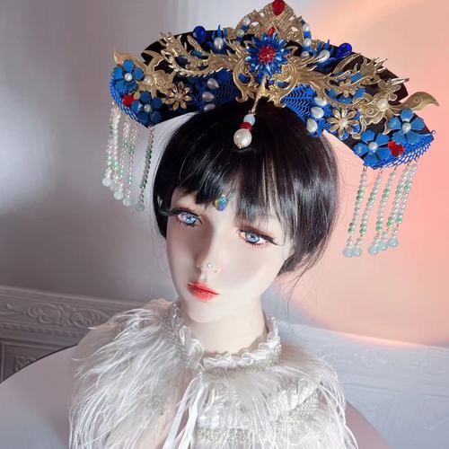 甄嬛传华妃旗头发饰古装清朝娘娘头饰妃子发冠景泰蓝头饰皇后帽子
