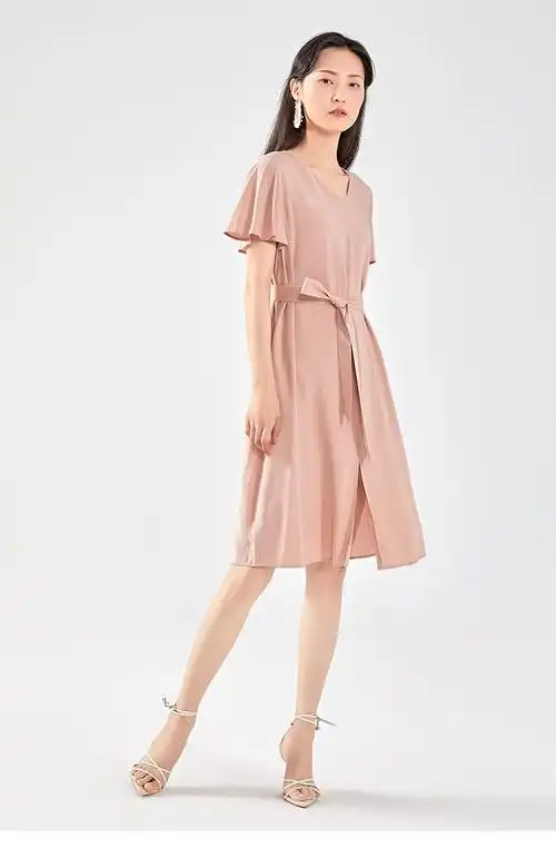 艾莱依2020年春夏新款v领系带连衣裙纯色衬衫式女长裙6019aa28304本