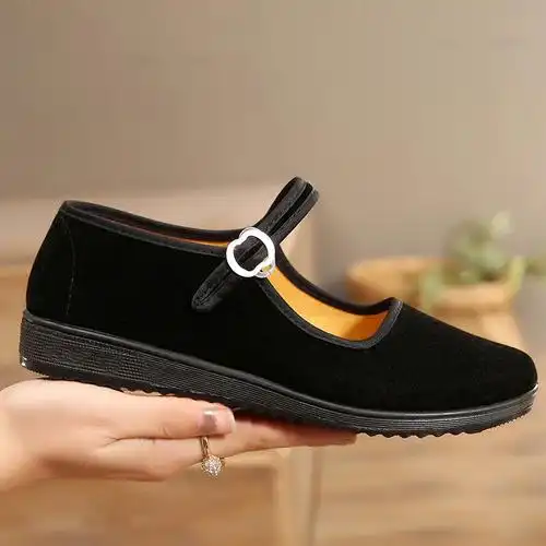 包邮居家一字带女布鞋平底休闲妈妈酒店工作鞋防滑舒适软底广场舞鞋n