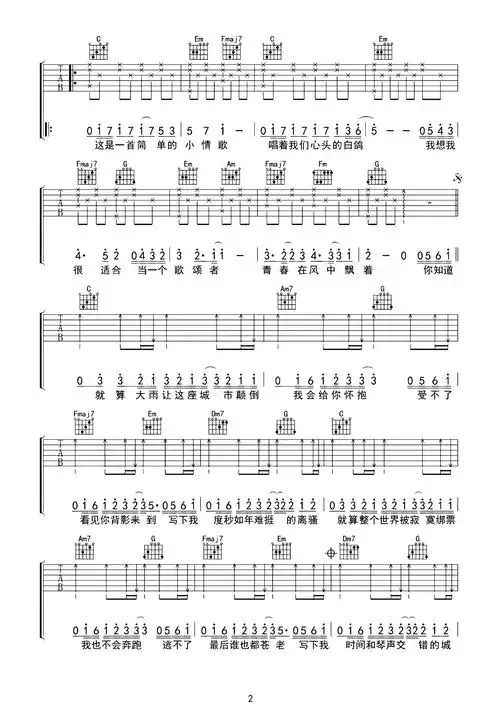 小情歌吉他谱-苏打绿-c调原版弹唱谱-附演示