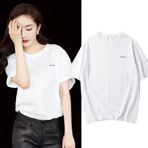 杨幂明星同款圆领白色英文带字母t恤女短袖简约刺绣韩版百搭纯棉