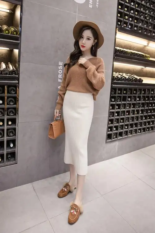 裙子女秋冬2018新款一步裙中长款包臀裙高腰针织裙加厚半身裙