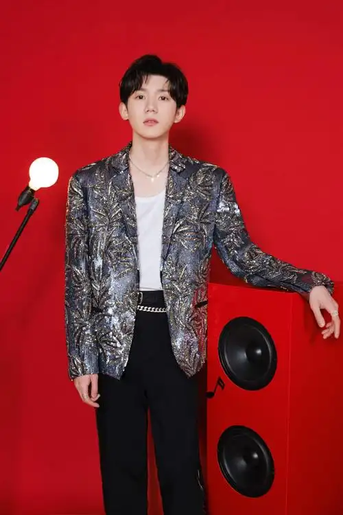 王源湖南卫视跨年演唱会造型图银色钉珠亮片西装定格闪耀瞬间