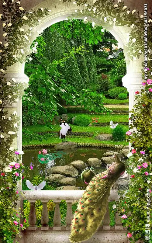 唯美3d拱门孔雀池塘风景玄关图片